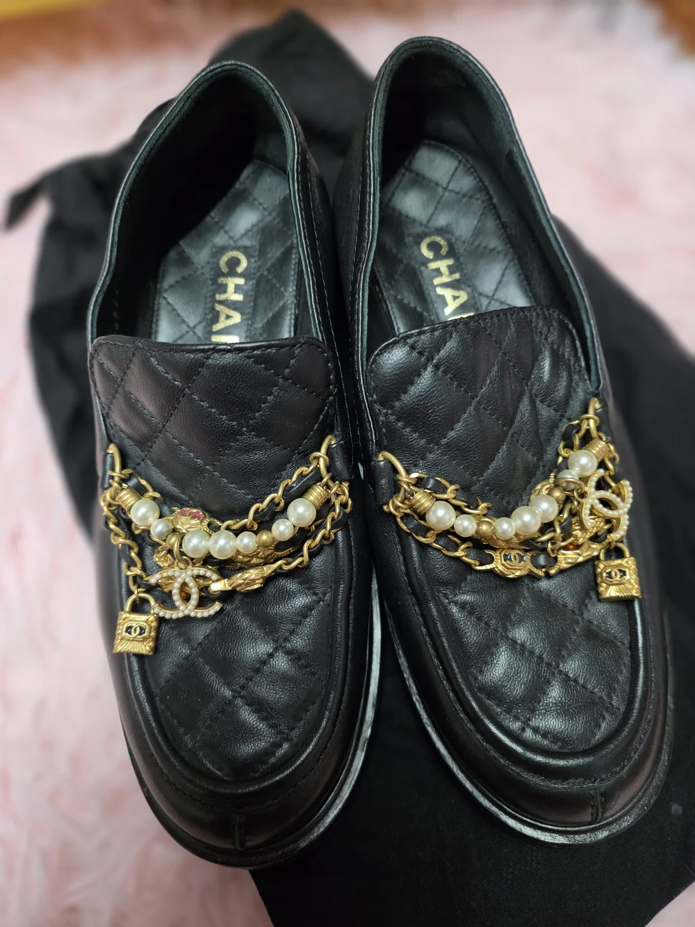 CHANEL Black Quilted Leather Pearl & Gold-Chain Loafers